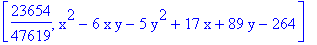 [23654/47619, x^2-6*x*y-5*y^2+17*x+89*y-264]